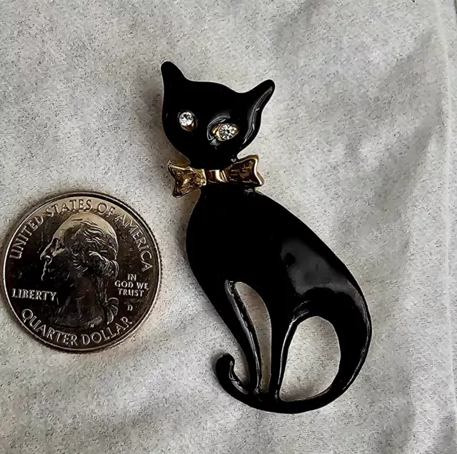 Vintage Enamel Black Cat Brooch Pin w Rhinestone Eyes ~ Gold Tone Backing