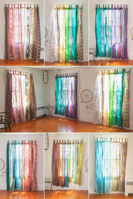 Sari Indio Patchwork Cortina Ventana Decoración Seda Sari Bohemio Hippie Cortina