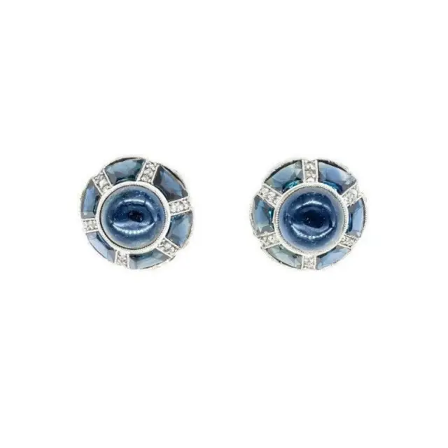 Art Deco Style Cabochon Fancy Cut Blue Sapphire & White CZ Dome Stud Earrings
