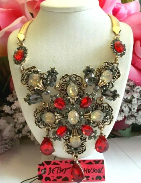 Betsey Johnson Lovely Retro Style Red And Grey Bejeweled Frontal Necklace