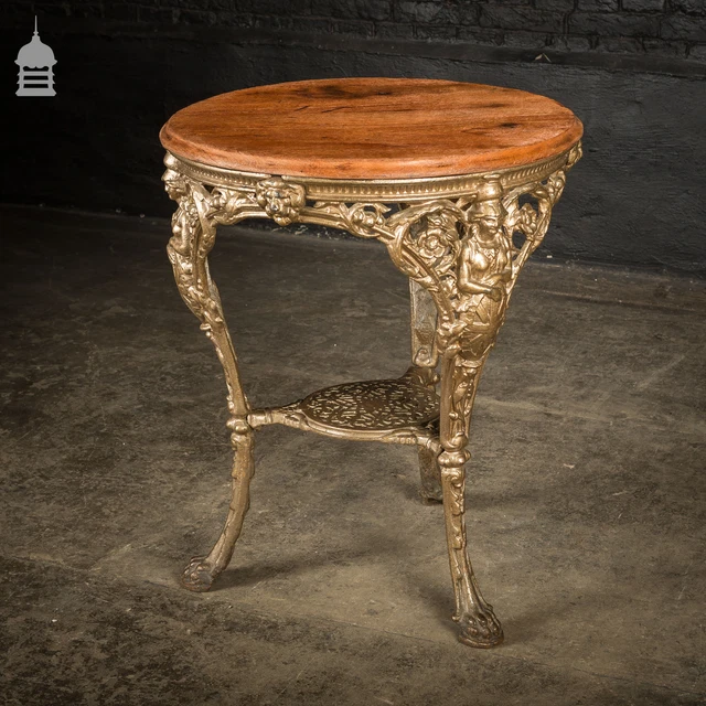 19TH C CAST Iron Pub Table Base With Round Bleached Brushed Mahogany