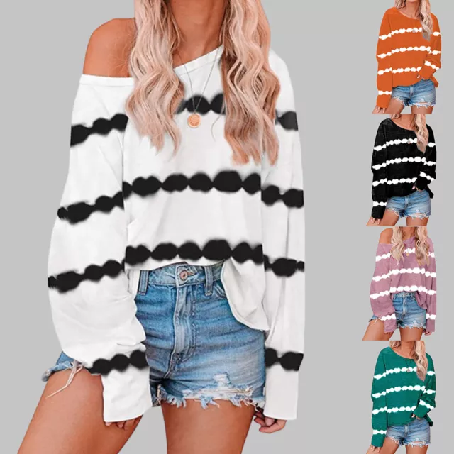 Womens Tye Die Striped Long Sleeve Blouse Tunic Tops Ladies Casual Loose T-Shirt