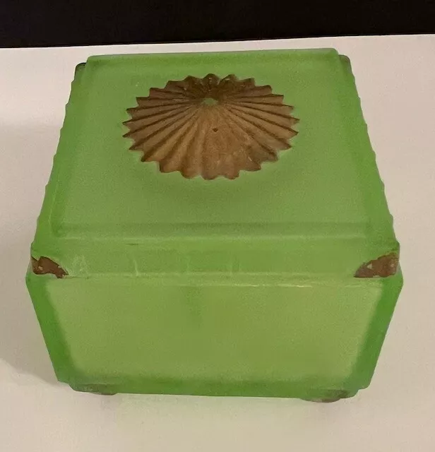 Vintage Taussaunt  Green Uranium Glass Footed Square Powder Jar