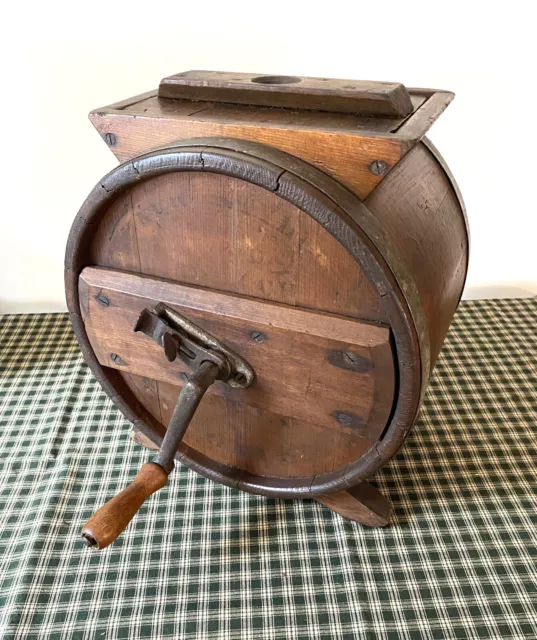 Antique Butter Churn, NEW STYLE Barrel Cedar Wood Table Top, Crank, Primitive