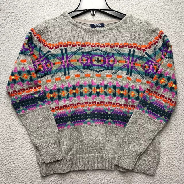 Chaps Sweater Womens Small Gray Fair Isle Southwestern Tribal Pullover Knit