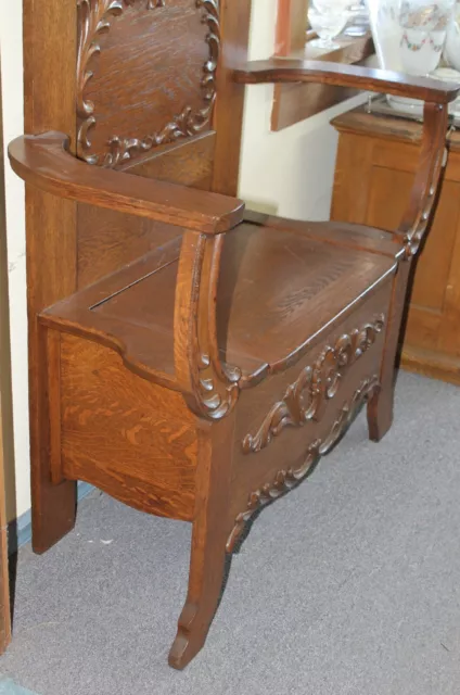 Old Antique OAK Ornate HALL SEAT HALL TREE Double Hook Large Mirror Storage Seat 2