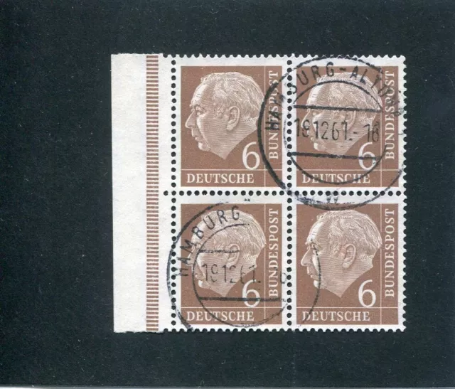 Bund, BRD, Heuss, Mi.-Nr. 180 Rand-Viererblock, 4er mit deutlichen Ortsstempeln