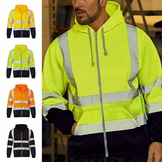 Hi Viz High Visibility Work Jacket Reflective Safety Zip Hoodie Coat Sweatshirts