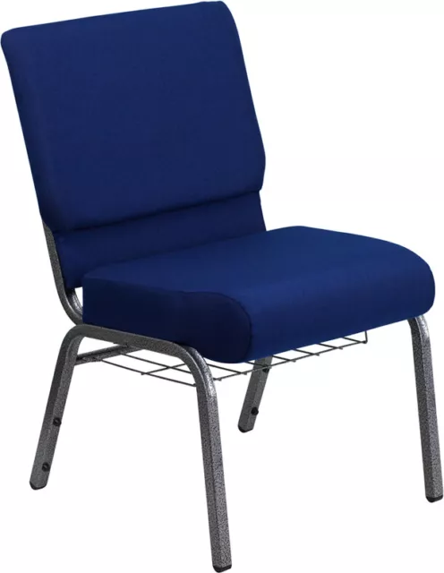 21'' Wide Navy Blue Fabric Church Chair with Book Rack and Silver Vein Frame