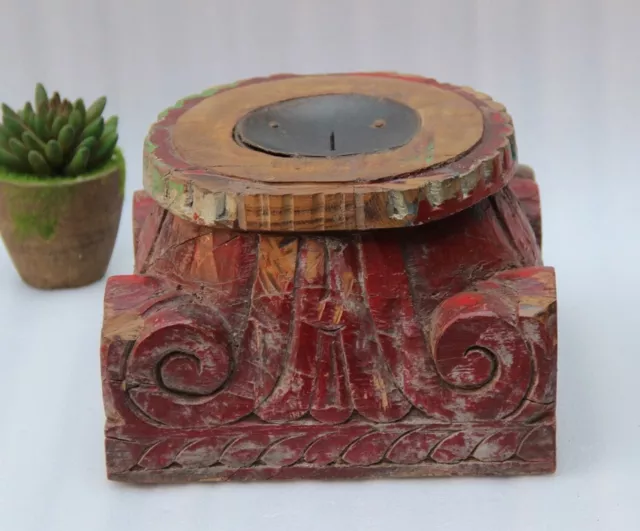 1800's Antique Wood Candle Holder Base Candle Stand Original Old Hand Carved 3