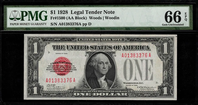 1928 $1 Legal Tender FR-1500 - Red Seal - PMG 66 EPQ - Gem Uncirculated