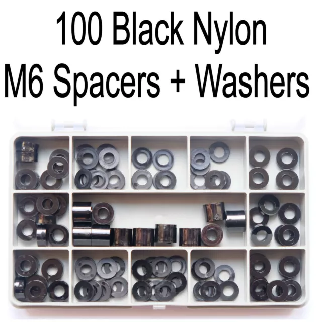 Pack of 100 Mixed JET Black Plastic Nylon M6 Spacers + Washers + Organiser Box