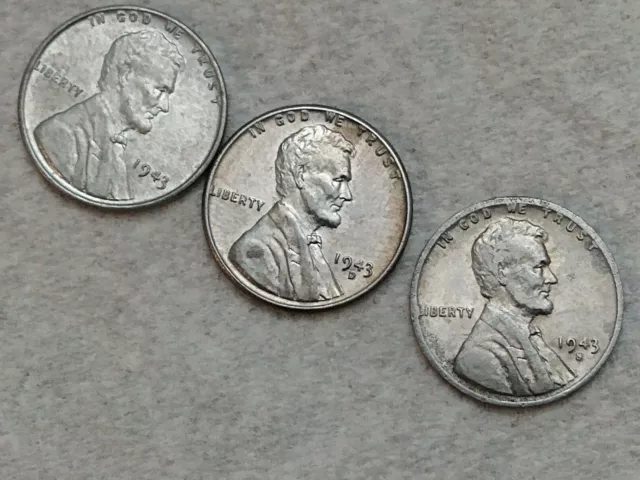 1943 P D S Lincoln Steel Wheat Cent Penny Set of 3 Coins Lot # 2 50 100 500