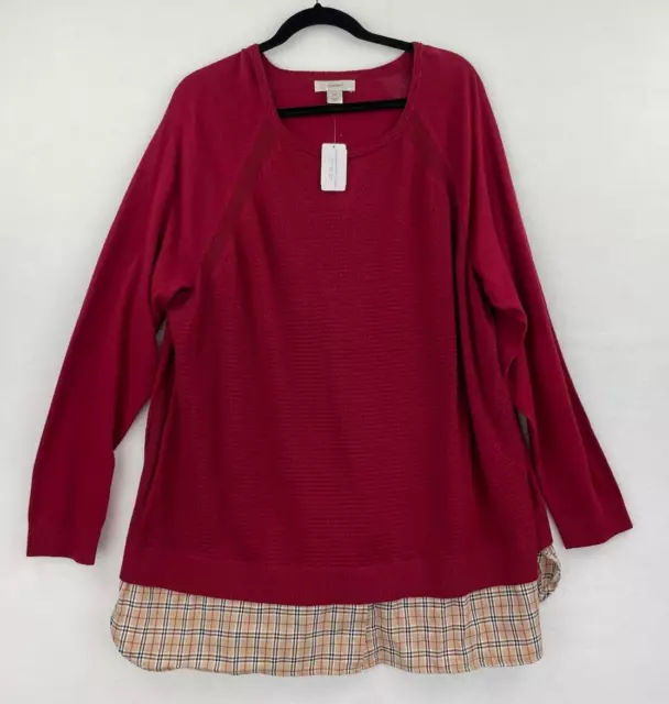 CJ Christopher Banks 2X Knit Top Blouse Layered Plaid Red Womens NWT  B14-15