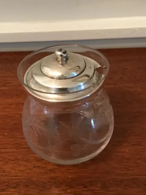 Vintage Sterling Silver Lidded Etched Glass Condiment Jar