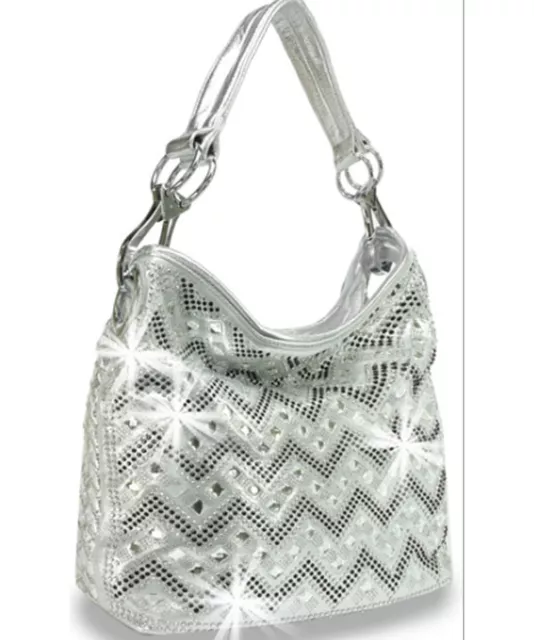 Zzfab Chevron Rhinestone Hobo Bag Sparkle Purse with shoulder Strap Silver