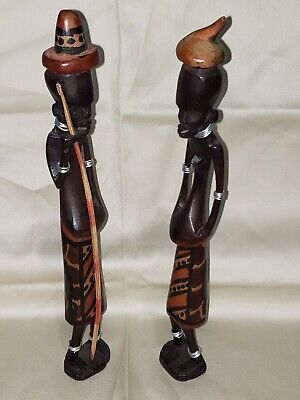 African Maasai  Tribal Couple Wooden Hand Carved Statue Figurines 10" H