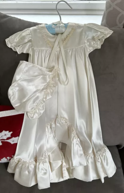 Vintage  Victorian Christening Baby Gown Dress Satin Ruffles + Bonnet