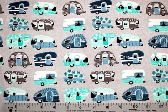 Bty*Face Masks*Tiny Campers/Trailers On Lt Grey 100% Cotton Flannel Fabric 42X36