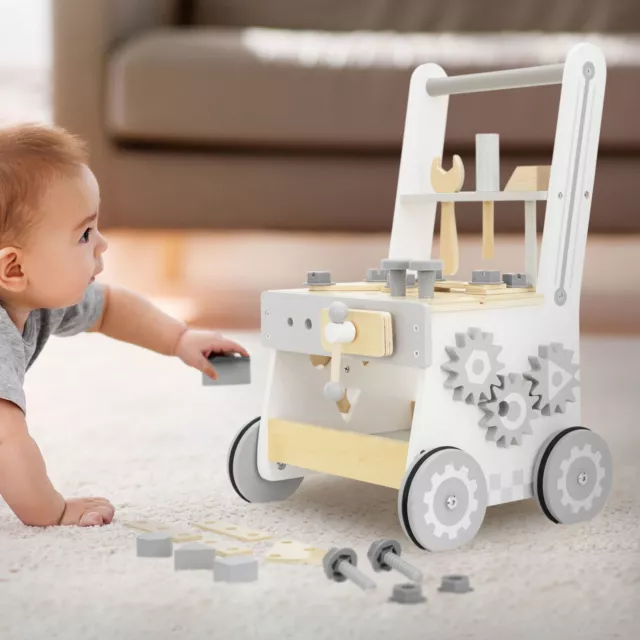 Chariot de marche en bois avec établi trotteur coulissant d'enfants avec outils