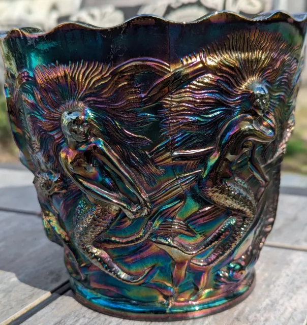 Vintage Fenton Amethyst Iridescent Carnival Glass Mermaid Bucket Vase Planter