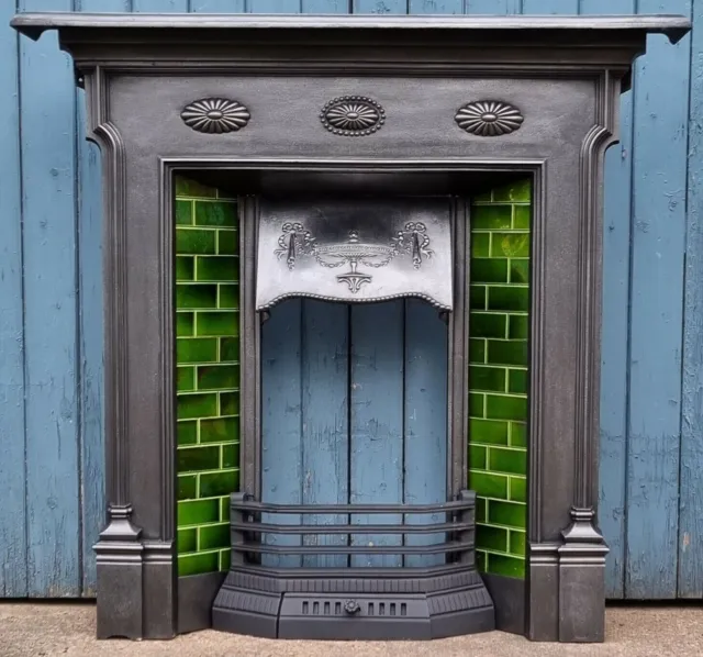 Antique Arts & Crafts Cast Iron Combination Fireplace 10 Green Tiles Original