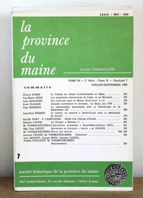 La province du Maine  Tome 90 - 5e série - Tome 2 – Fascicule 7  Sarthe Mayenne