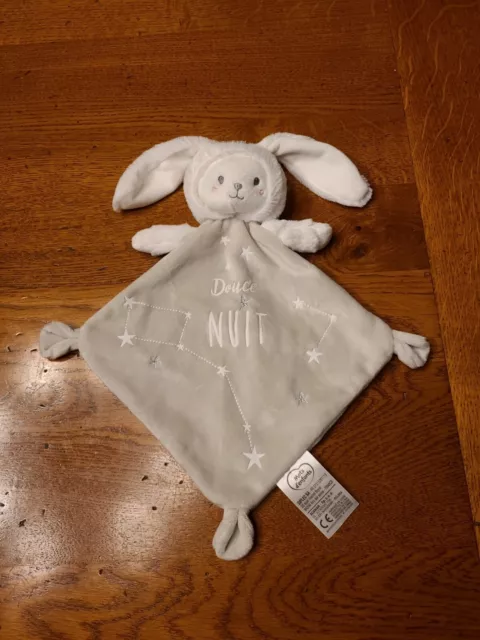 Doudou Plat MOTS D'ENFANTS Ours Déguisé en Lapin Blanc Gris Douce Nuit ÉTAT NEUF