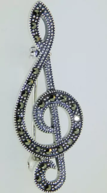 925 Sterling Silver Marcasite Treble Clef Music  Brooch Pin 3