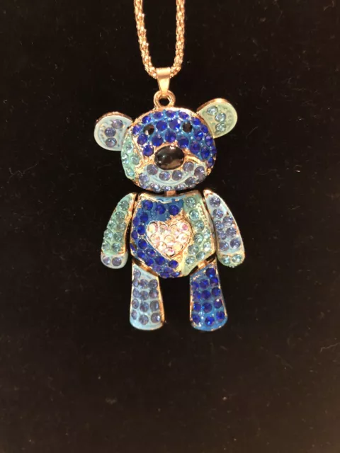 Betsey Johnson Necklace Teddy Bear Gold Blue Color Crystals Gift Box Bag Lk