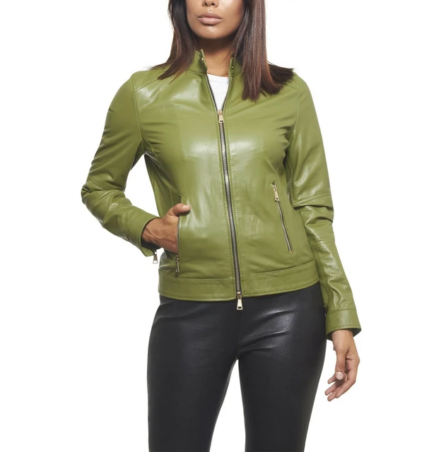 Jacket Womens Leather Biker Motorcycle Coat Vintage Lambskin Slim Fit Green 17