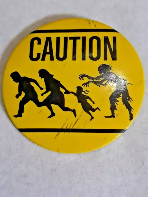 Zombie Chasing Family Caution Button Pin Pinback
