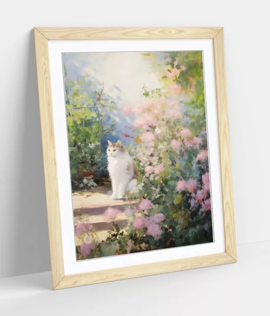 Claude Monet Style Cat In Garden 5, Lilac -Framed Wall Art Poster Paper Print