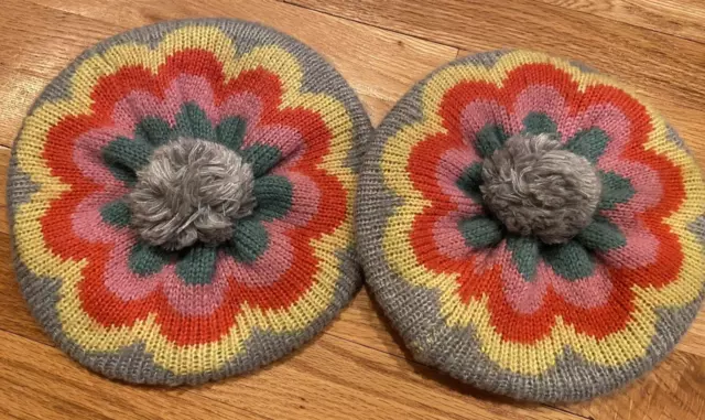 Lot of 2 - Mini Boden Girl's Knit Beret Winter Hats Multi Grey Marl; S and M