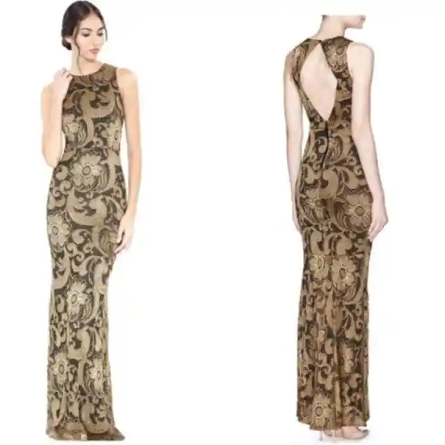 Alice + Olivia Roxie Gold Lace Formal Dress size 0 Long Gown Open Back