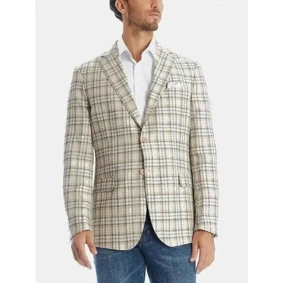 Tallia Men's Slim-Fit LINEN Plaid Blazer 40R Tan Sport Coat