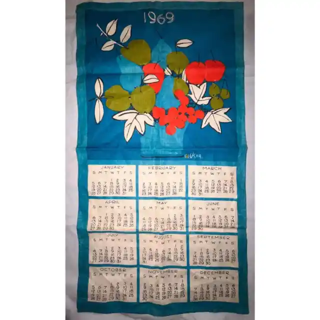 Vintage Vera Neumann Linen Calendar Kitchen Tea Towel - Ladybug Sign - 1969