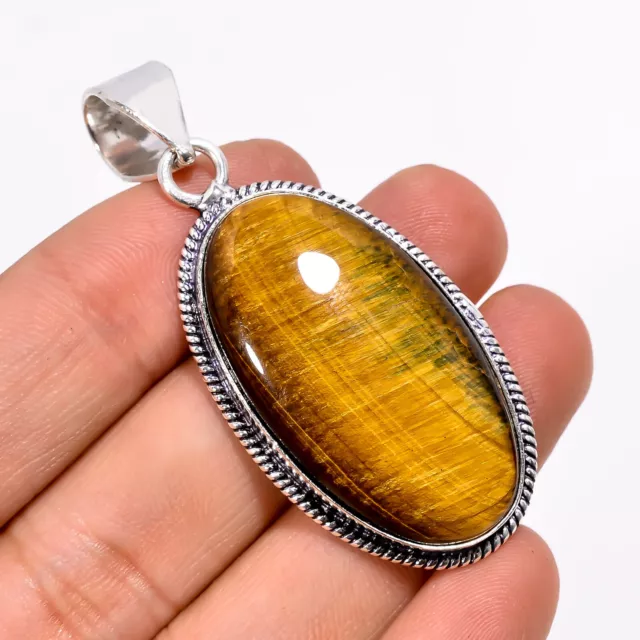 Tiger Eye Gemstone Vintage Handmade 925 Sterling Silver Pendant 2.1" GSR-4214