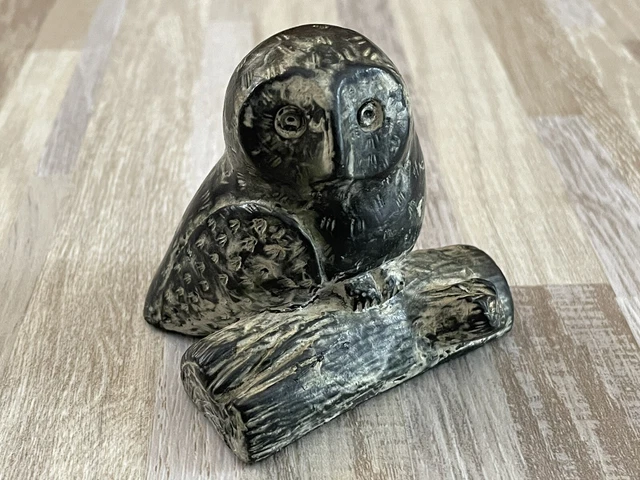 VINTAGE WOLF SCULPTURES Original Owl on Log Figurine Soapstone Carving