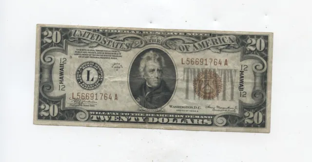 1934 A $20 HAWAII Federal Reserve Note, FR 2305