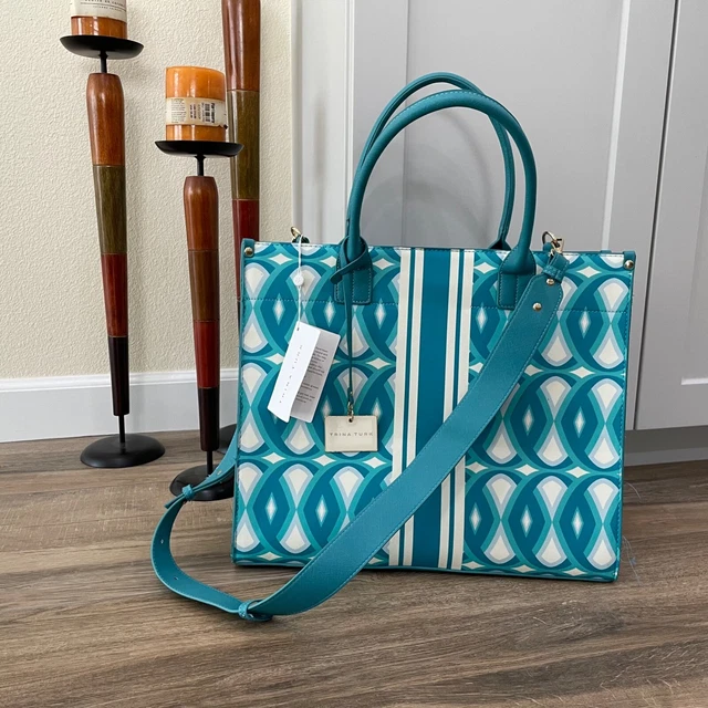 Trina Turk Seabay Southbay Printed Tote Bag Turquoise Blue & White