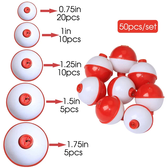 50 pcs 0.75/1/1.12/1.5/1.78" ABS Fishing Bobbers Push Red&White Buoy Floats Snap