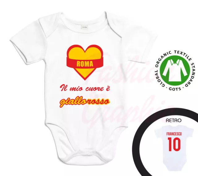 Body Neonato Neonata Giallorosso Shirt Tifoso Ultras Nome Cotone Organico