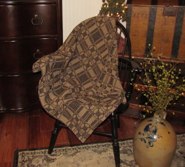 Primitive Antique Vtg Style Black Tan Cotton Woven 32" COVERLET Square RQ30BSS