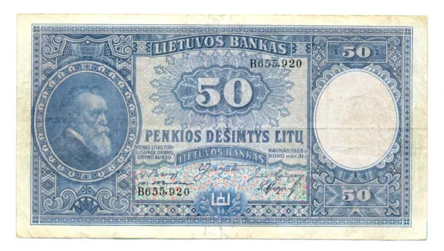 Lithuania Republic Lietuvos Bankas 50 Litu 1928 VF Pick #24a