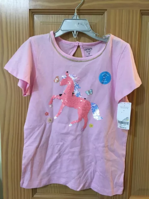 NWT Carter's Horse Shirt Top Girls Short Sleeve Pink Flip Sequin Many Sizes