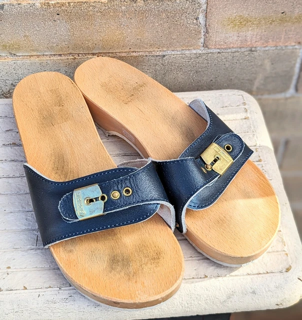 VINTAGE DR SCHOLLSORIGINAL Wooden Exercise Sandals Black Leather Italy