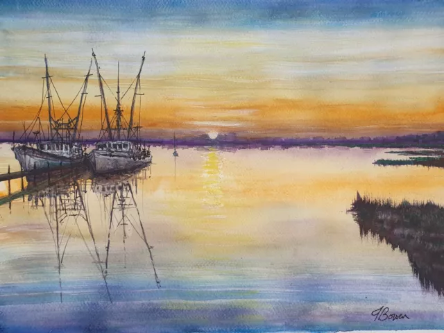 Large ORIGINAL new signed  watercolour ART PAINTING of fishing boats at sunset