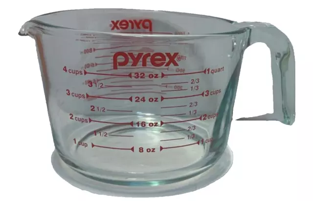 PyrexGlass Measuring Cup, J Handle 4 C. 1 Qt. 1 Lt/r 32 Oz. USA, Microwaveable