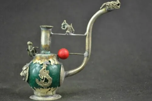 Old Handwork Green Jade inlay Pipe Tibet Silver Dragon Smoking Pipe Collectible